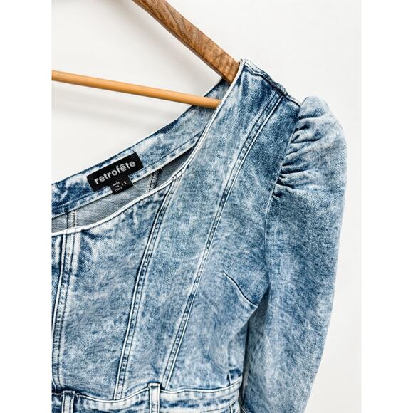 Retrofete Reyna Romper Denim Light Blue Shorts Tie Dye Acid Wash Size Small - Picture 7 of 12